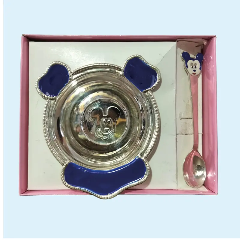 Silver (92.5) Blue Plate & Spoon With Mickey Mouse Design 106 Gm 1