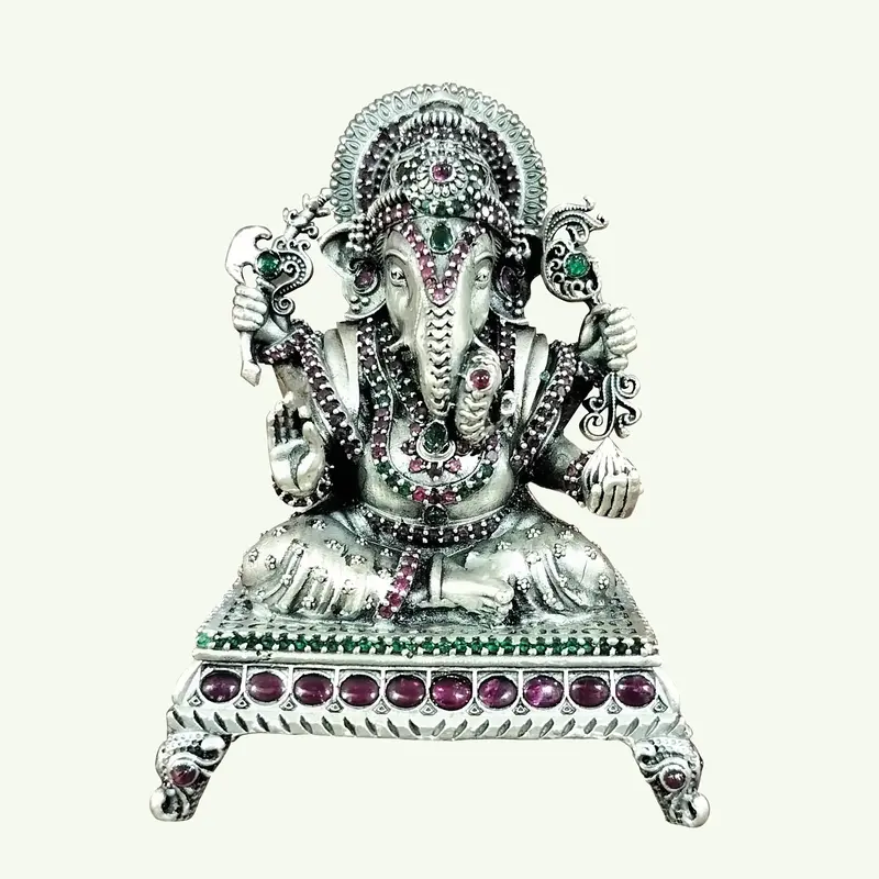 Silver (92.5) Dagdu Sheth Ganesha Decorated With Stonework 114 Gm 1