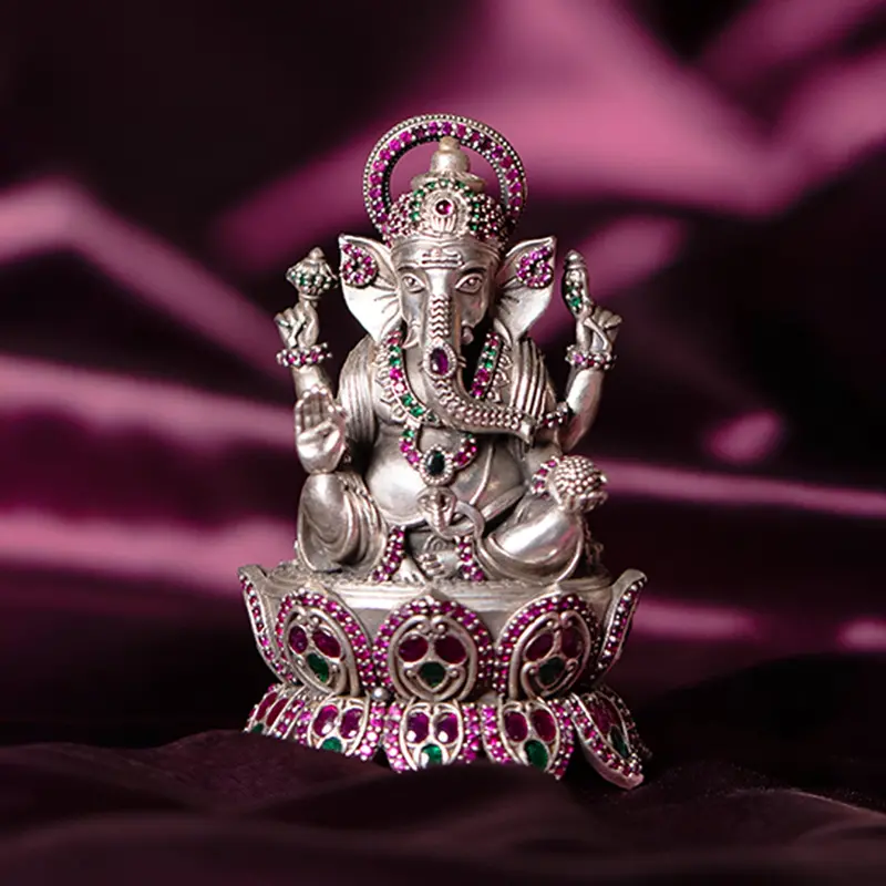 Silver (92.5) Ganesh Sitting On Lotus Decorated With Stonework 110 Gm 1