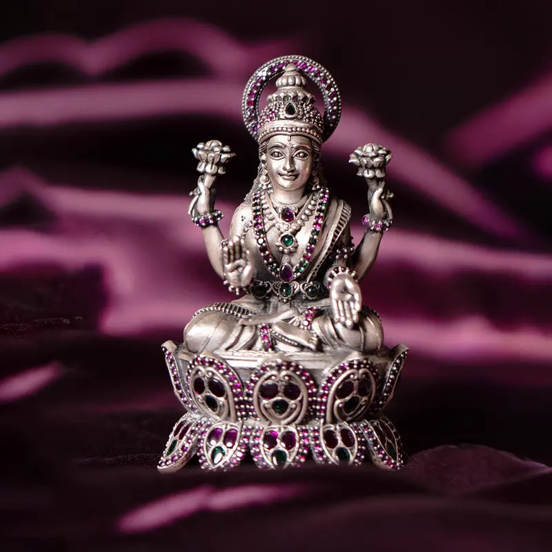 Silver (92.5) Laxmi Sitting On Lotus Decorated With Stonework 106 Gm 1