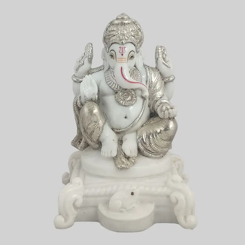 Silver (92.5) Marble Ganesha On Chowki With Silver (92.5) Cladding 1
