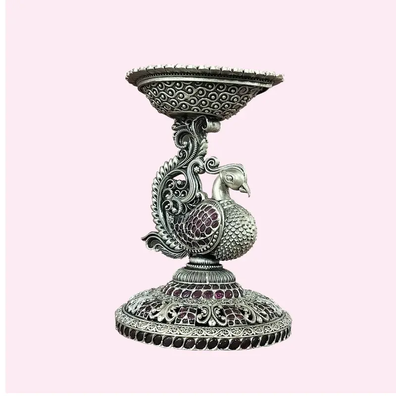Silver (92.5) Peacock Annam Deepak Decorated With Stonework 158 Gm 1