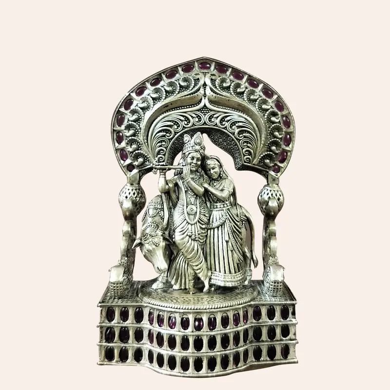 Silver (92.5) Radha Krishna Standing With Cow Decorated With Stonework 143 Gm 1