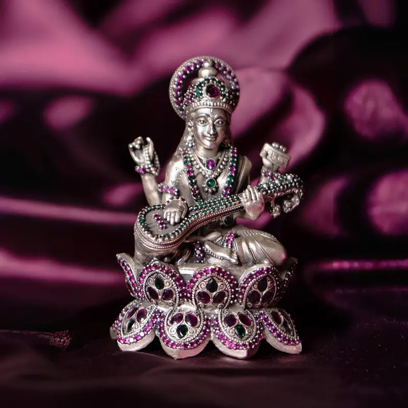 Silver (92.5) Saraswati Sitting On Lotus Decorated With Stonework 135 Gm 1