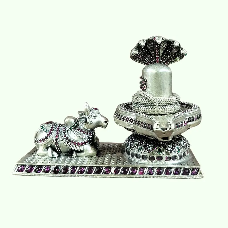 Silver (92.5) Shivling & Nandi Decorated With Stonework 183 Gm 1