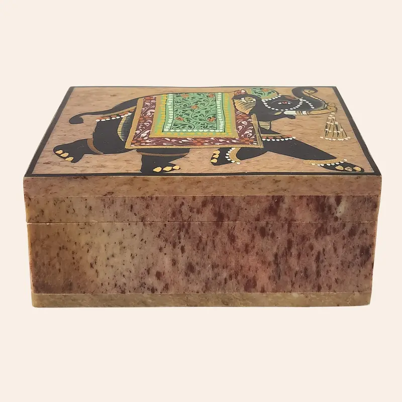 Soft Stone Hand Painted Box With Elephant Painting 4 X 3 In 1