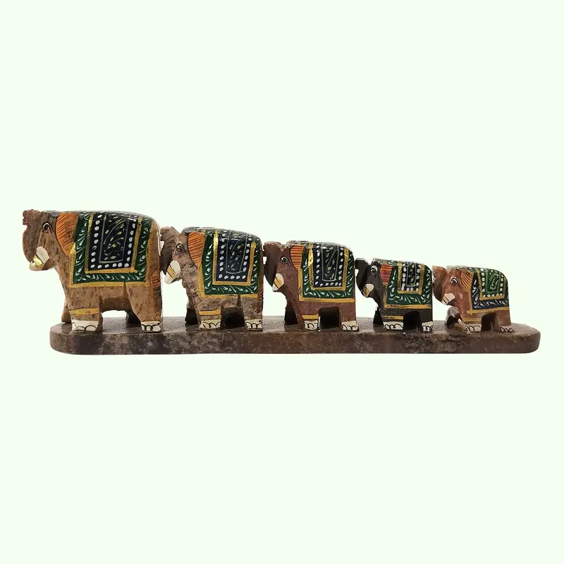 Soft Stone Hand Painted Elephant Procession On Base 5 In 1