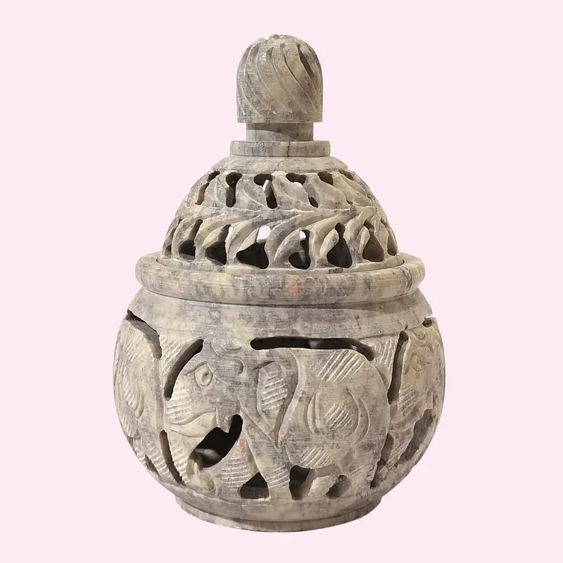 Soft Stone Round Pot With Elephant Carving 3.5 In 1