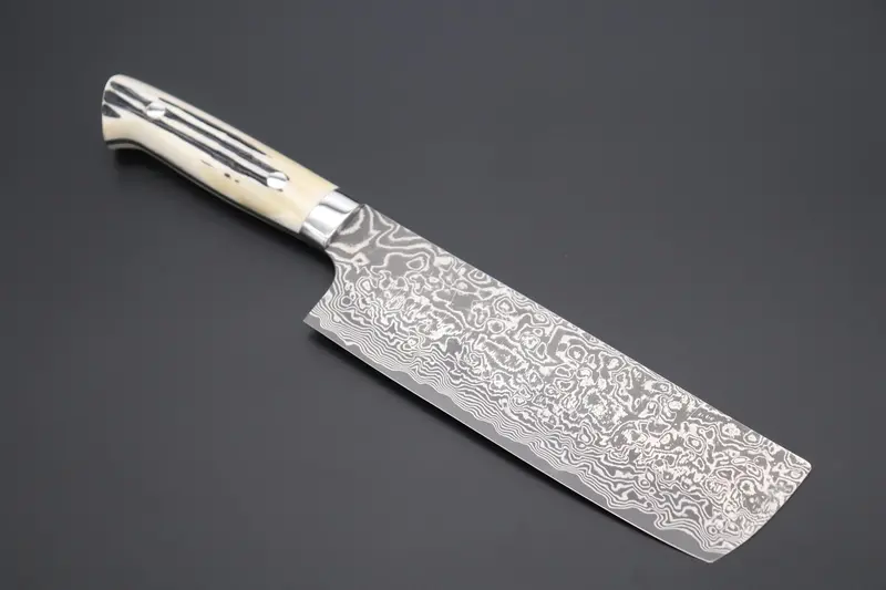 Takeshi Saji R-2 Custom Black Damascus Wild Series Nakiri 165Mm (6.4 Inch, Stag Bone Handle) 1