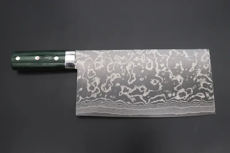 Takeshi Saji R-2 Custom Damascus Chinese Cleaver (Green Linen Micarta Handle, Scr2-Gm) 1