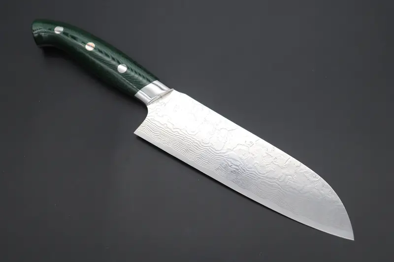 Takeshi Saji R-2 Diamond Damascus Santoku 175Mm — Upswept Design (6.8 Inch, Green Linen Micarta Handle, Snrd-5G) 1