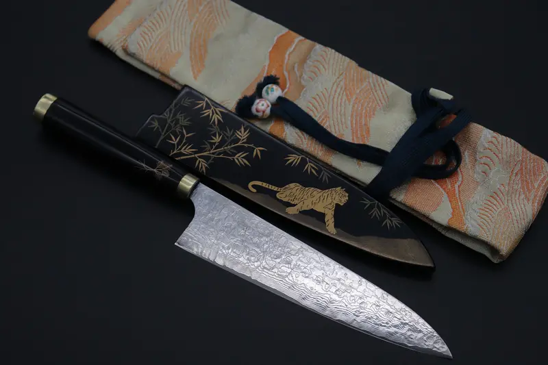 Takeshi Saji Urushi & Makie Series "虎 Japanese Tiger Motif" R-2 Custom Diamond Damascus  Stu-42 Gyuto 210Mm (8.2') 1