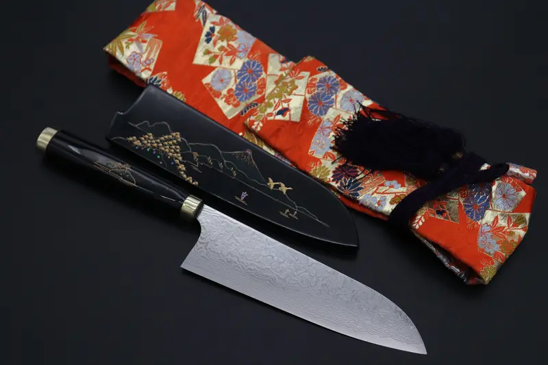Takeshi Saji Urushi & Makie Series "Mt. Fuji Motif" R-2 Custom Diamond Damascus  Stu-41 Santoku 180Mm (7') 1
