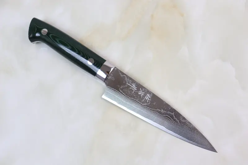 Takeshi Saji Vg-10 Custom Damascus Wild Series Petty (135Mm & 150Mm, 2 Sizes, Green Linen Micarta Handle) 1
