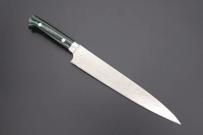 Takeshi Saji Vg-10 Custom Damascus Wild Series Sujihiki  (240Mm And 270Mm, 2 Sizes, Green Linen Micarta Handle) 1