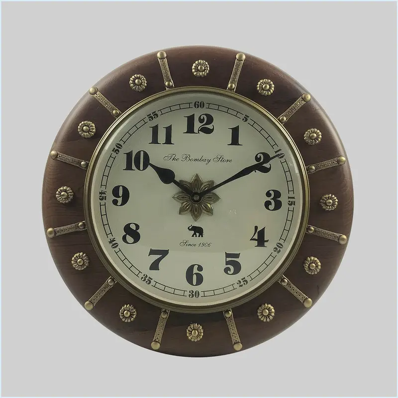 Teak Wood Round Wall Clock With Brass Accents 12 In X 2 In X 12 In 1