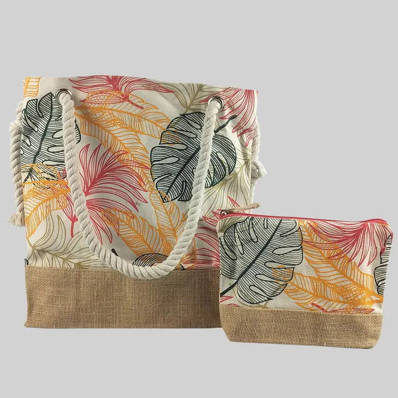 Tropical Leaves Canvas Jute Bag & Pouch Combo 1