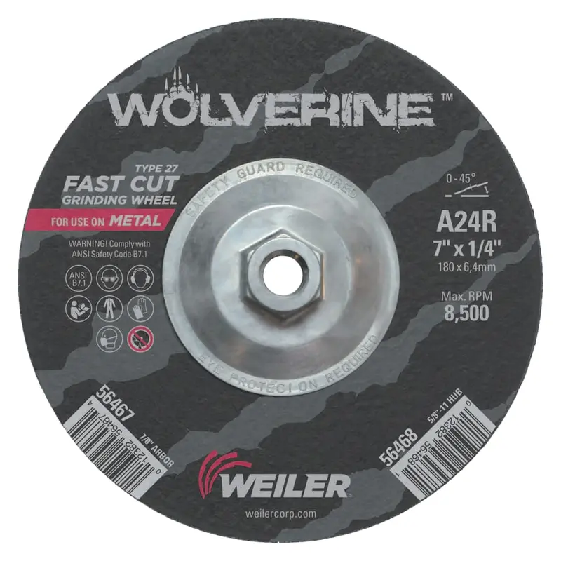 Weiler Wolverine Grinding Wheel, 7" X 1/4" X 5/8", Type 27 10Pk - 56468 1