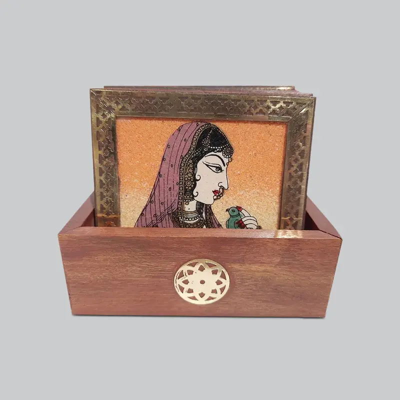 Wooden 6 Piece Coaster Set With Gemstone Painting 3 In X 3 In 1