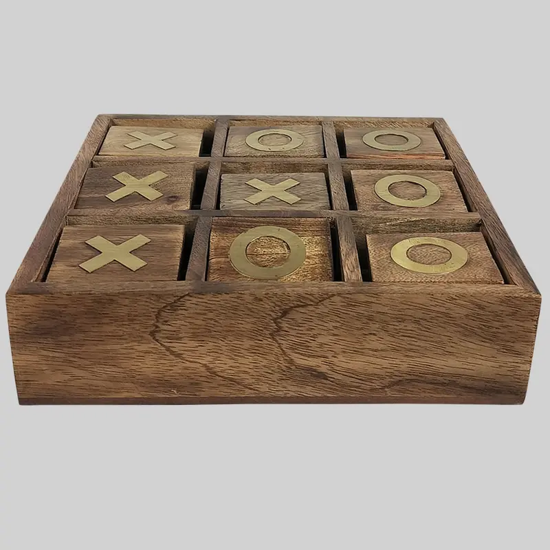 Wooden Antique Finish Revolving Tic Tac Toe With Brass Inlay Work 8 In X 8 In X 2 In 1