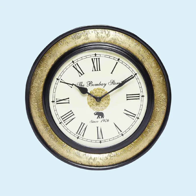 Wooden Vintage Wall Clock With Brass Floral Engraving 12 In 1