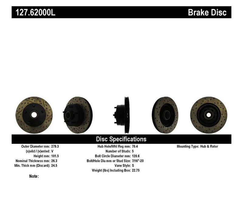 Stoptech 127.62000L Stoptech Sport Drilled/Slotted Brake Rotor; Front Left 1